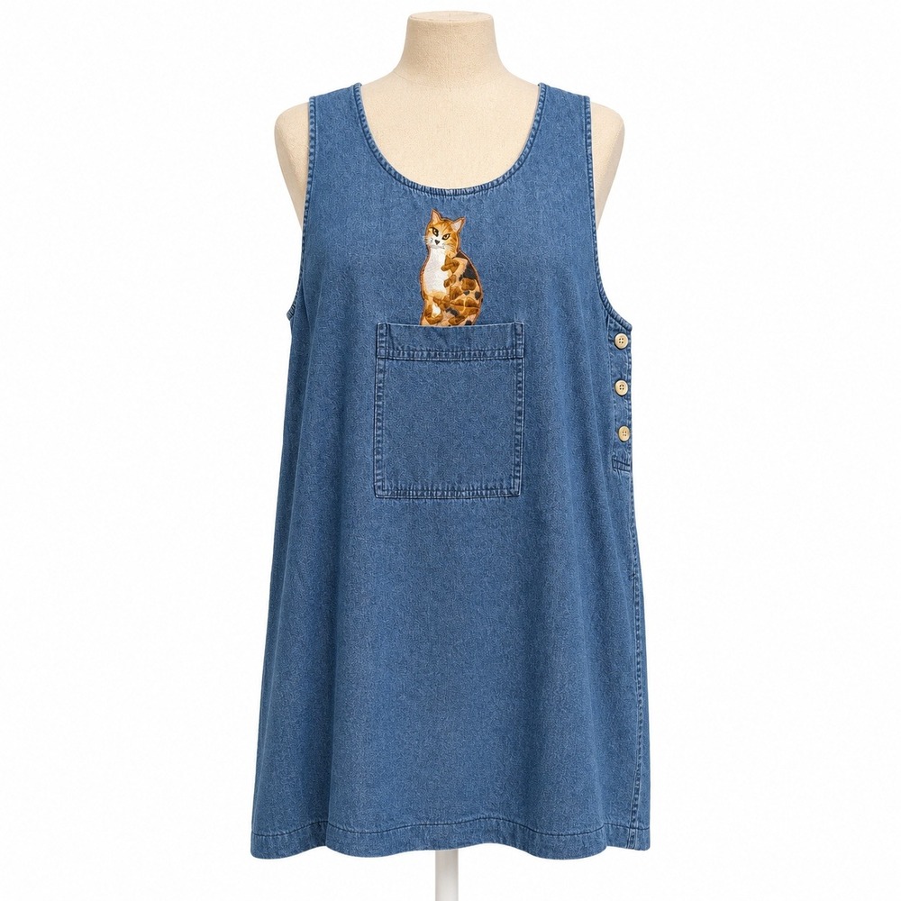 Vintage 90s Cat Embroidered Denim Mini Dress Sz L Blue Jean Cottagecore Teacher